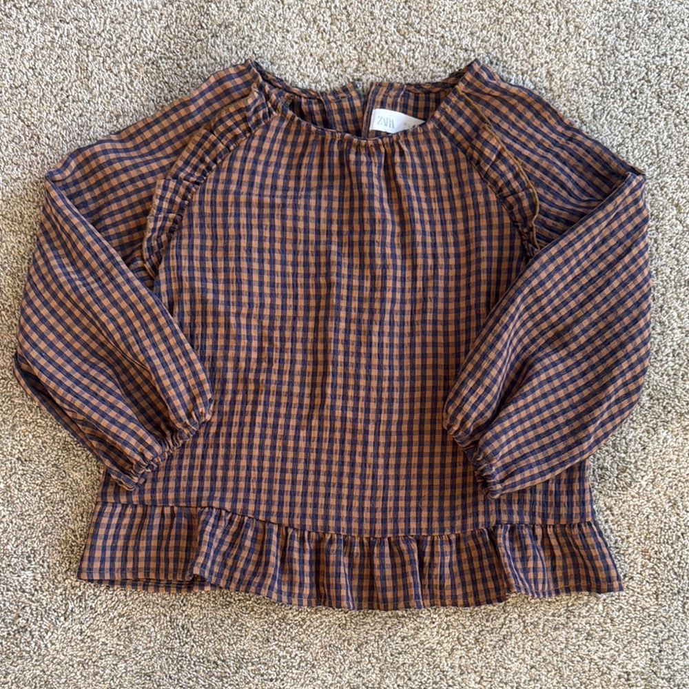 Zara Brown and Black Checkered Blouse
